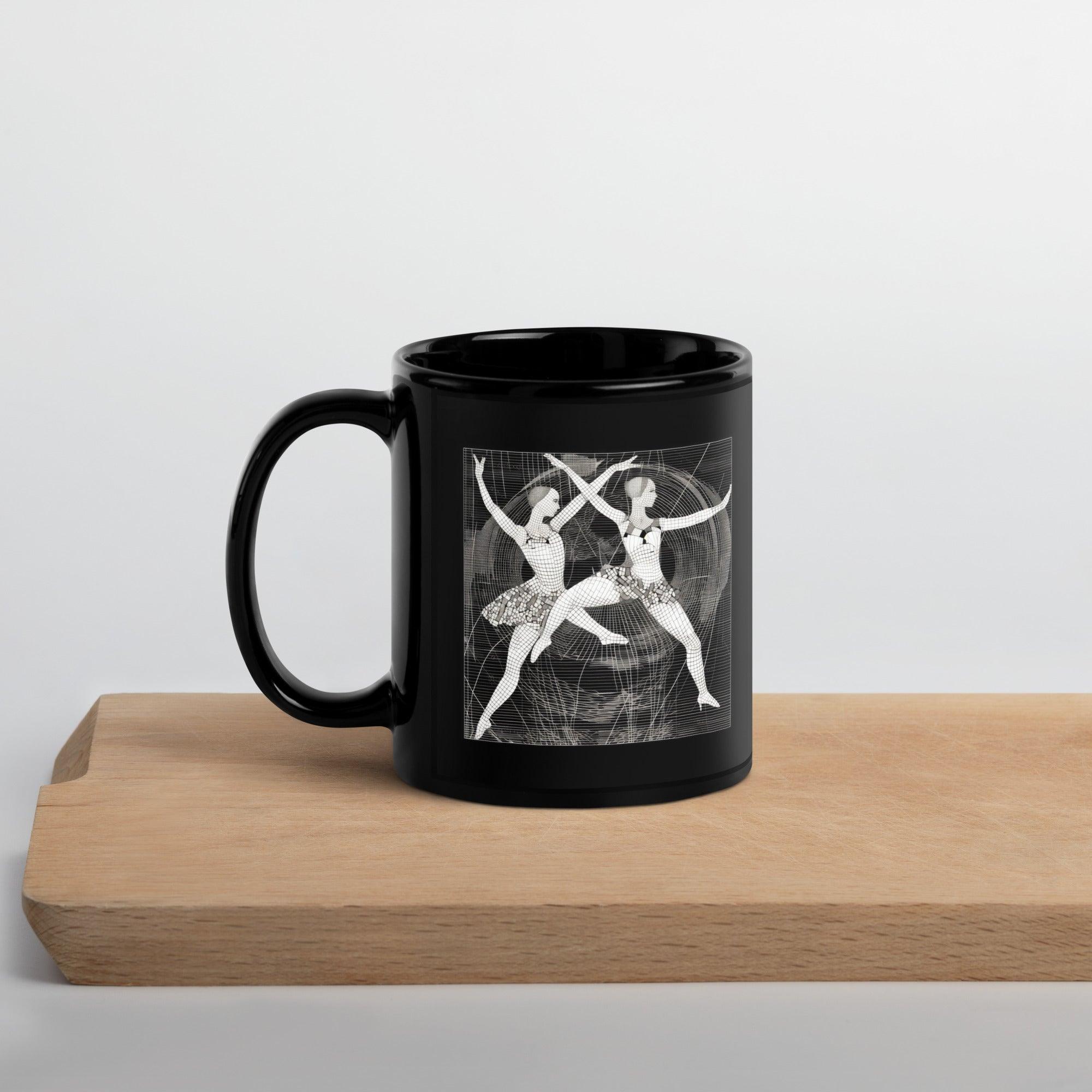 Stylish black glossy mug featuring women's dance attire theme.