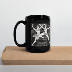 Elegant black mug with a glossy finish and dance-themed decoration.