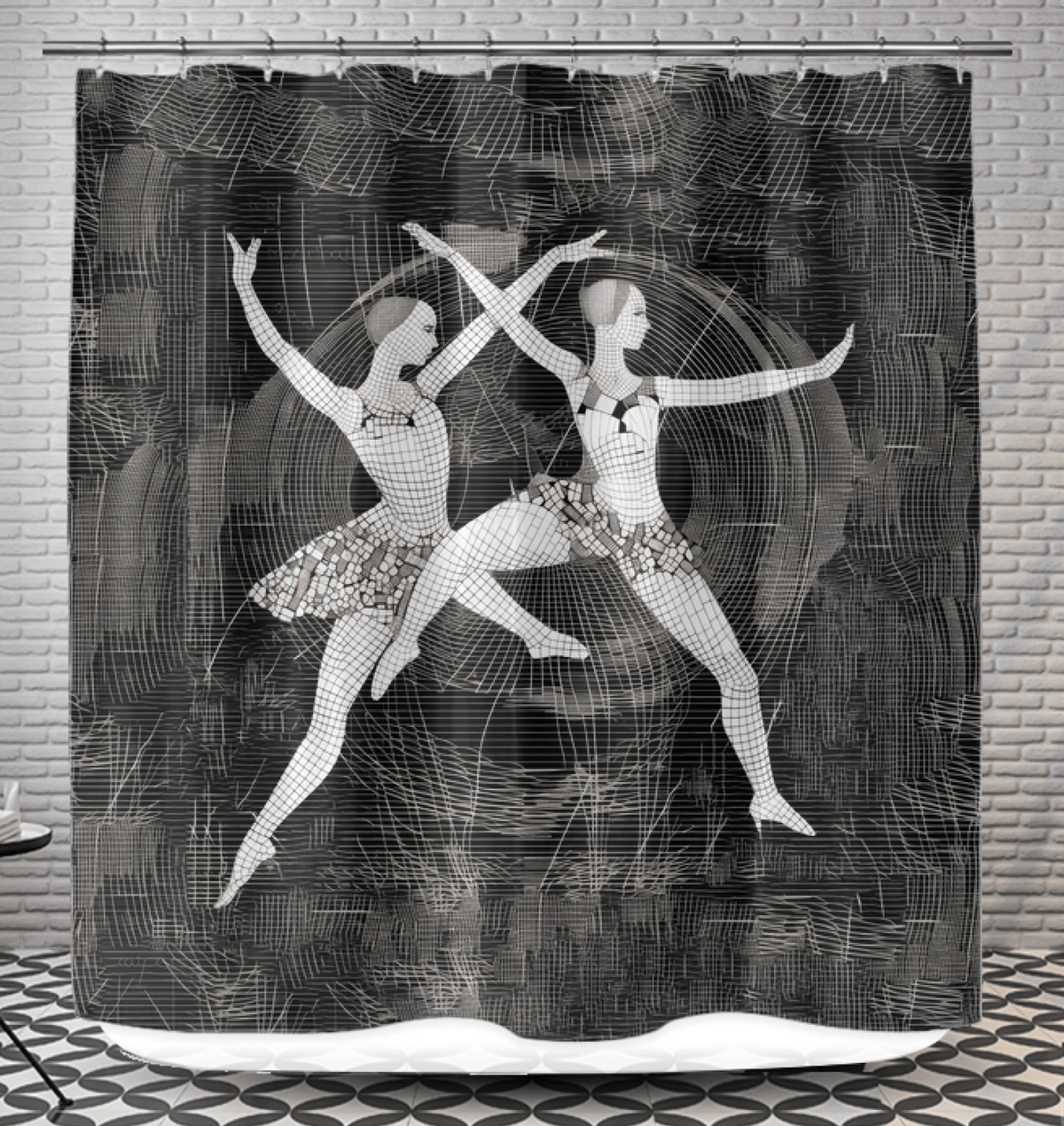 Artistic shower curtain featuring women's dance attire design, adding elegance to bathroom.