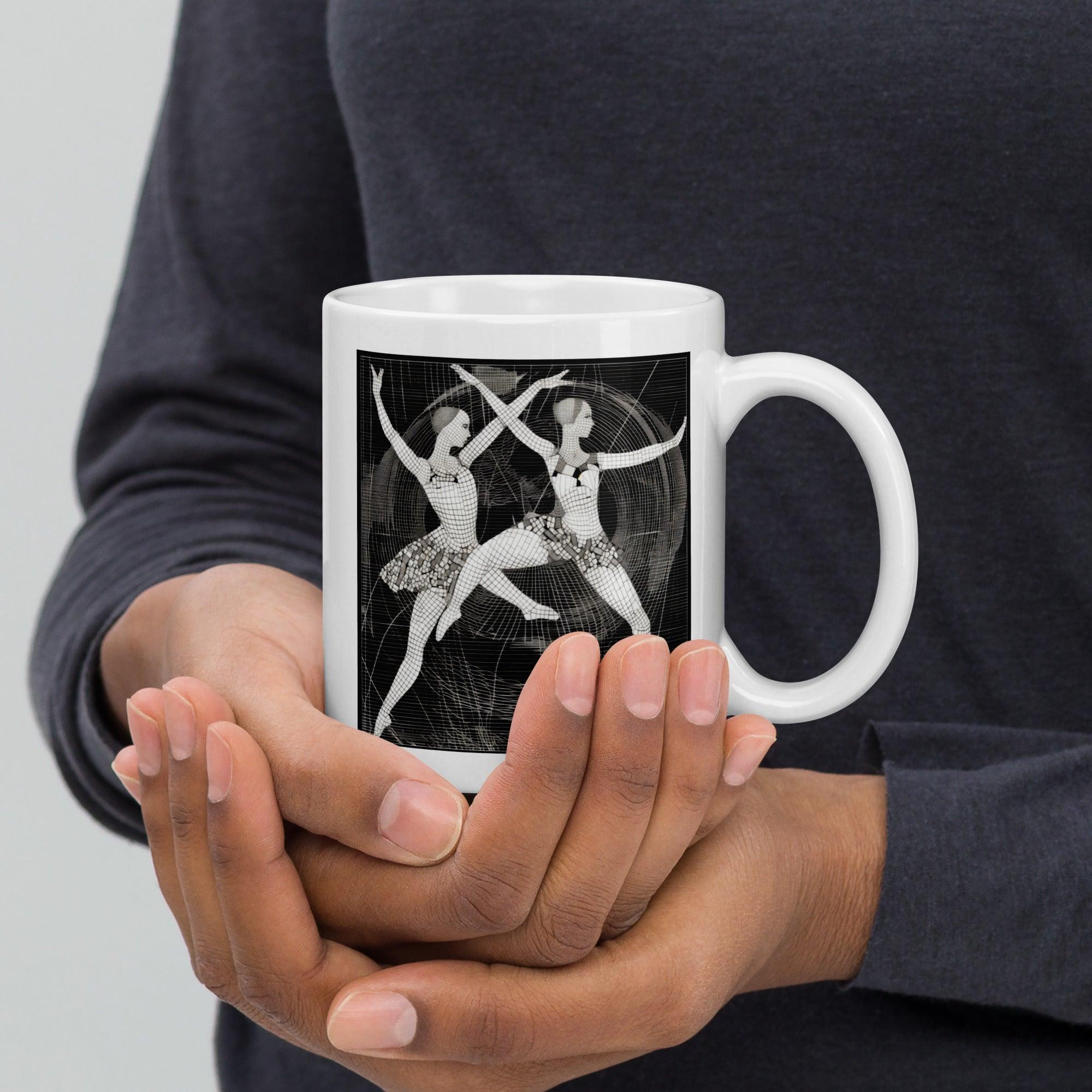 Elegant white glossy mug with women's dance attire design