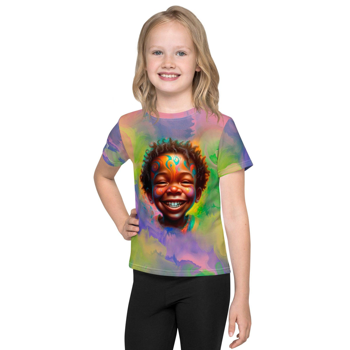 Child smiling in Seraphic Sparkling Eyes T-Shirt with colorful design.