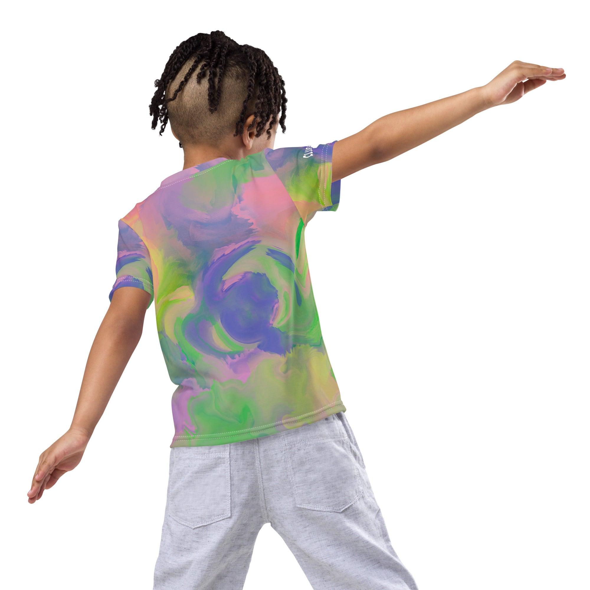 Close-up of the sparkling eyes design on kids' crew neck t-shirt.