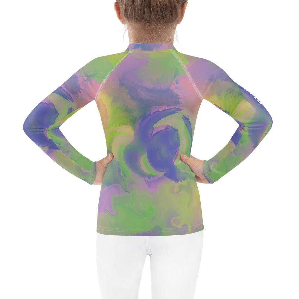 Seraphic Sparkling Eyes Rash Guard on a hanger, ready for outdoor fun.