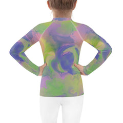Seraphic Sparkling Eyes Rash Guard on a hanger, ready for outdoor fun.