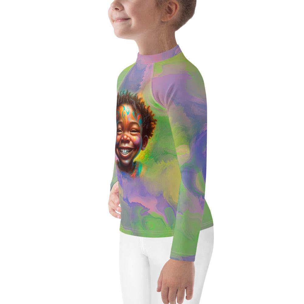 Action shot of child surfing wearing Seraphic Sparkling Eyes Rash Guard.