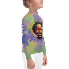 Back view of Seraphic Sparkling Eyes Kids Rash Guard showing UV protection label.