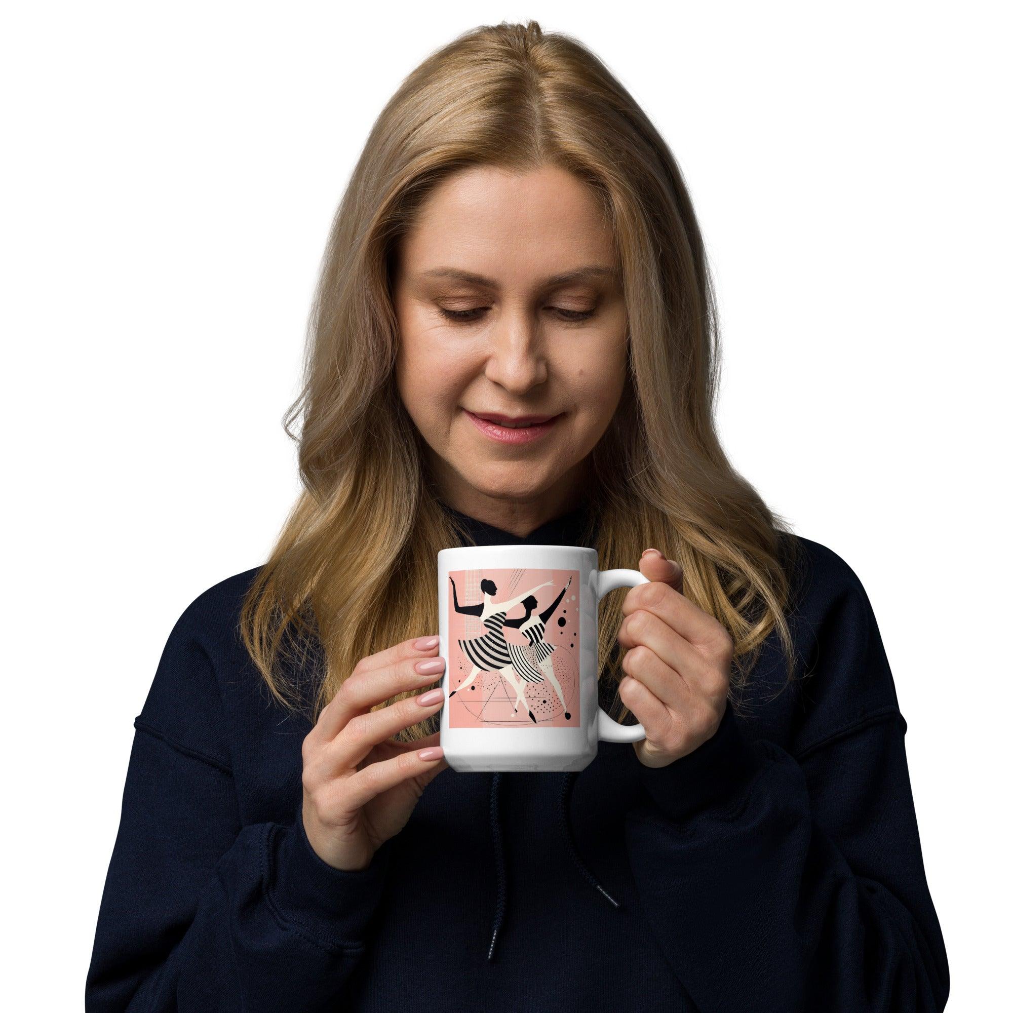 Stylish mug displaying a white and serene feminine dance motion pattern