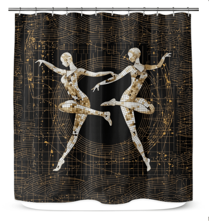 Stylish bathroom decor featuring feminine dance silhouette on shower curtain.