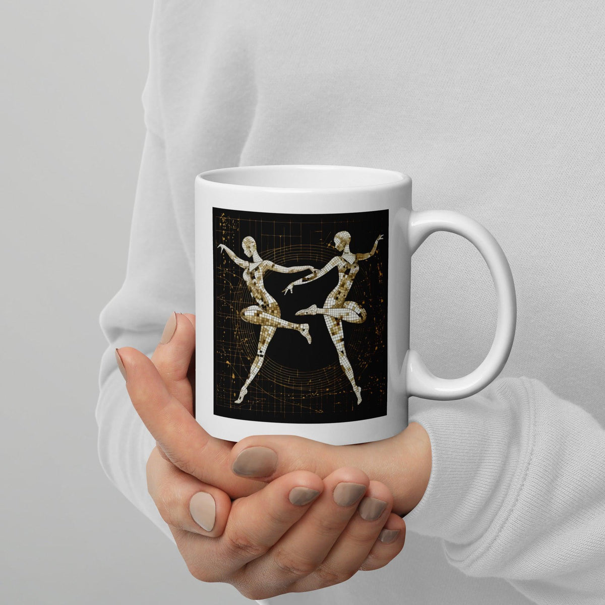 Stylish white mug featuring feminine dance silhouette design