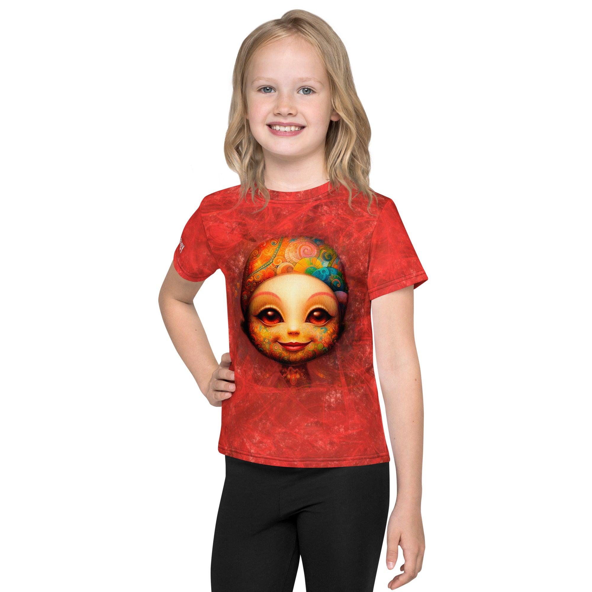 Child wearing Serene Gaze of Fantasy crew neck t-shirt in a whimsical design.