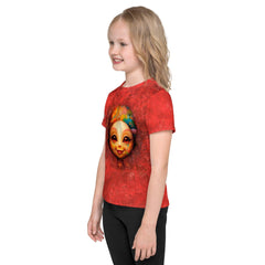 Front view of Serene Gaze of Fantasy kids crew neck t-shirt with unique artwork.