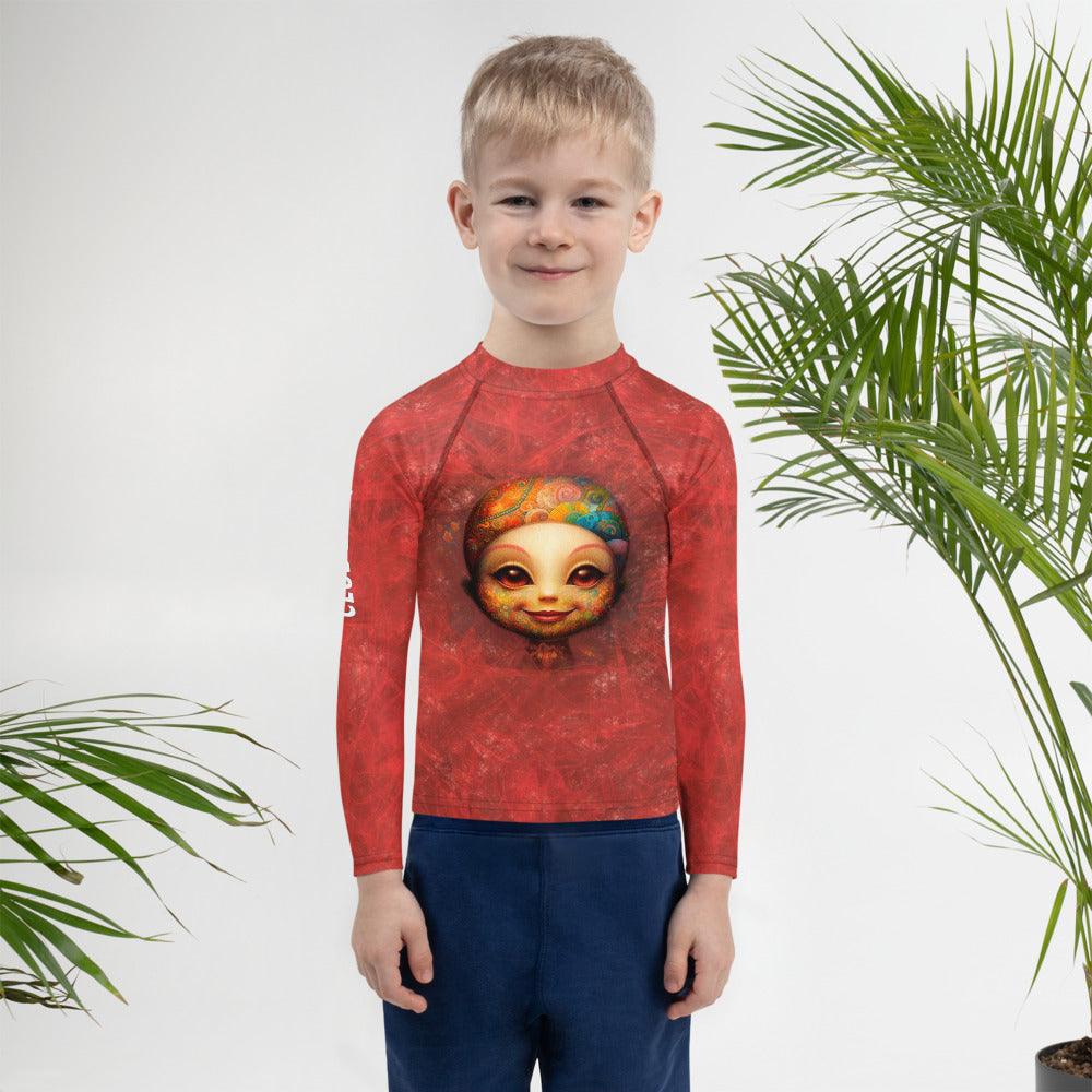 Child wearing Serene Gaze of Fantasy rash guard with whimsical design.