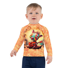 Back view of Kids Rash Guard featuring Serene Giraffe's Glance.