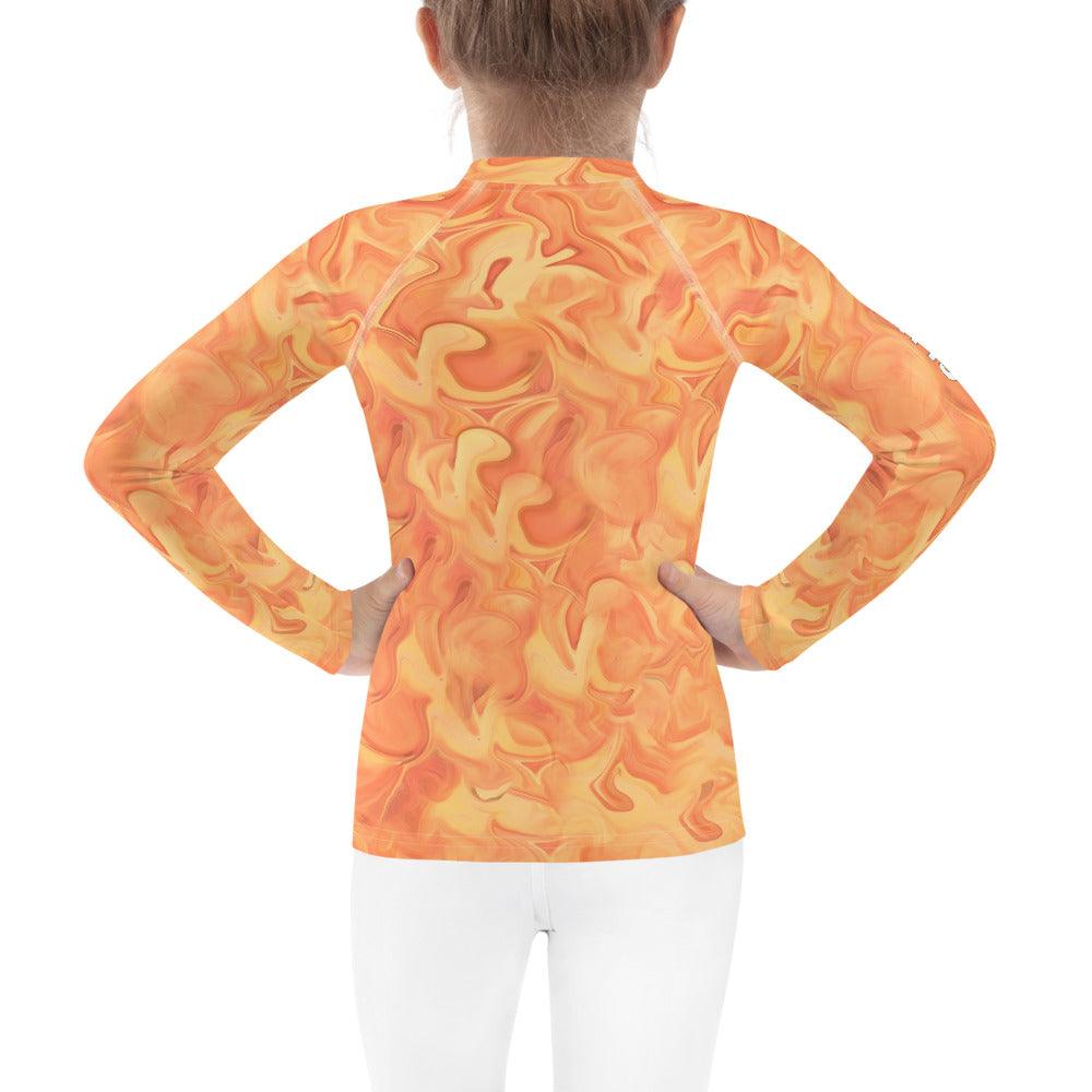 Serene Giraffe's Glance Rash Guard for kids on white background.