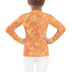 Serene Giraffe's Glance Rash Guard for kids on white background.