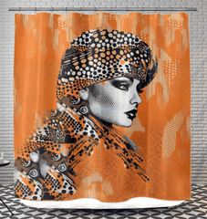 Artistic sketch-style shower curtain hanging in a modern bathroom setting.