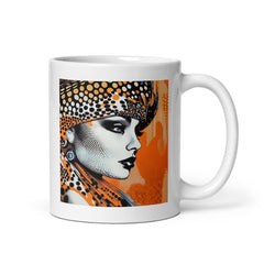 White glossy mug with minimalist sketch artwork printed on the surface.