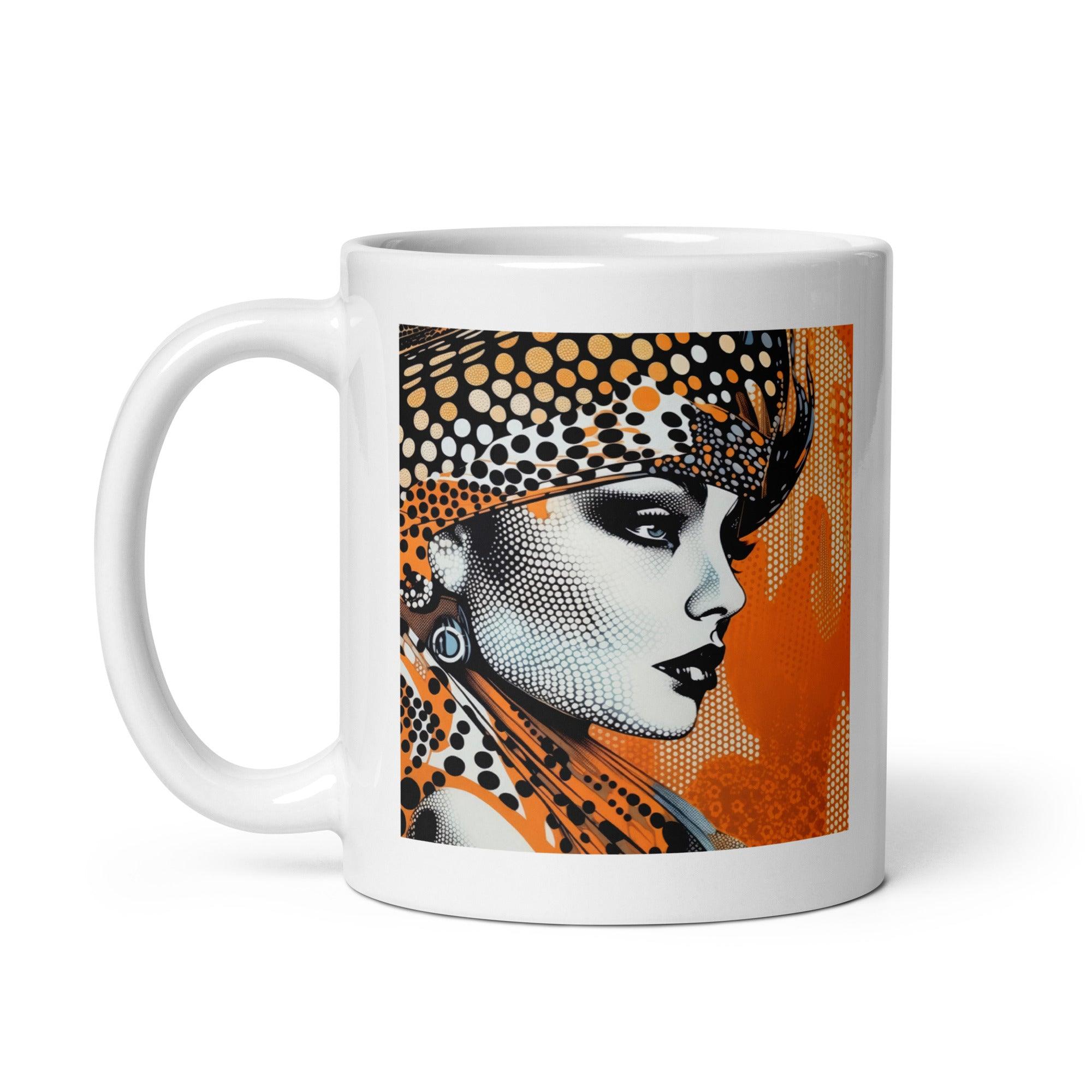 Artistic sketch simplification design on a glossy white coffee mug.