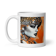 Artistic sketch simplification design on a glossy white coffee mug.