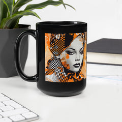 Artistic white glossy mug with sketch symmetry design