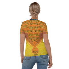 Close-up of Sketch Symmetry design on women's tee.