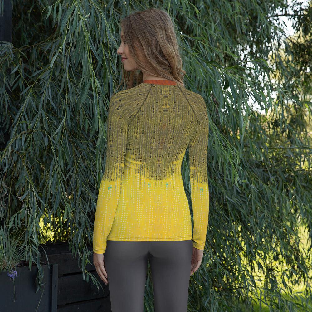 Art-inspired women's rash guard for swimming.