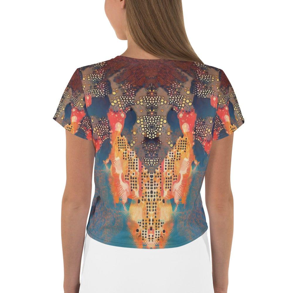 Stylish all-over print Sketching Serenity crop top, perfect for casual wear.