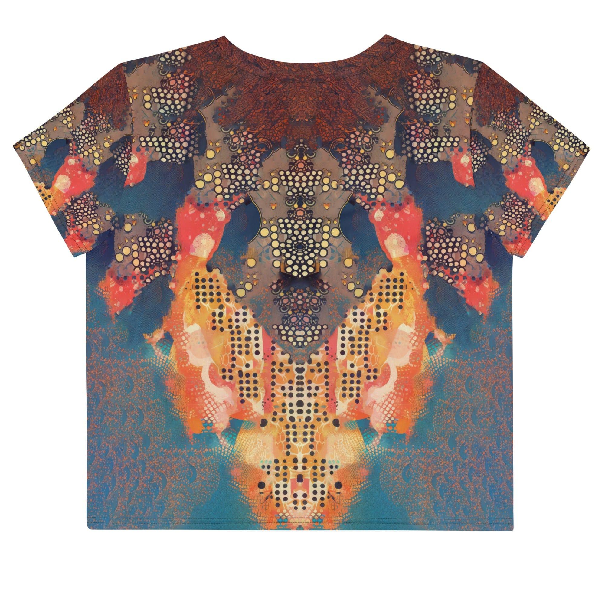 Sketching Serenity all-over print crop tee, modeled in a natural setting, showcasing fit.