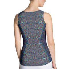 Close-up of Sketching Serenity II cut and sew tank top showcasing detailed artwork.