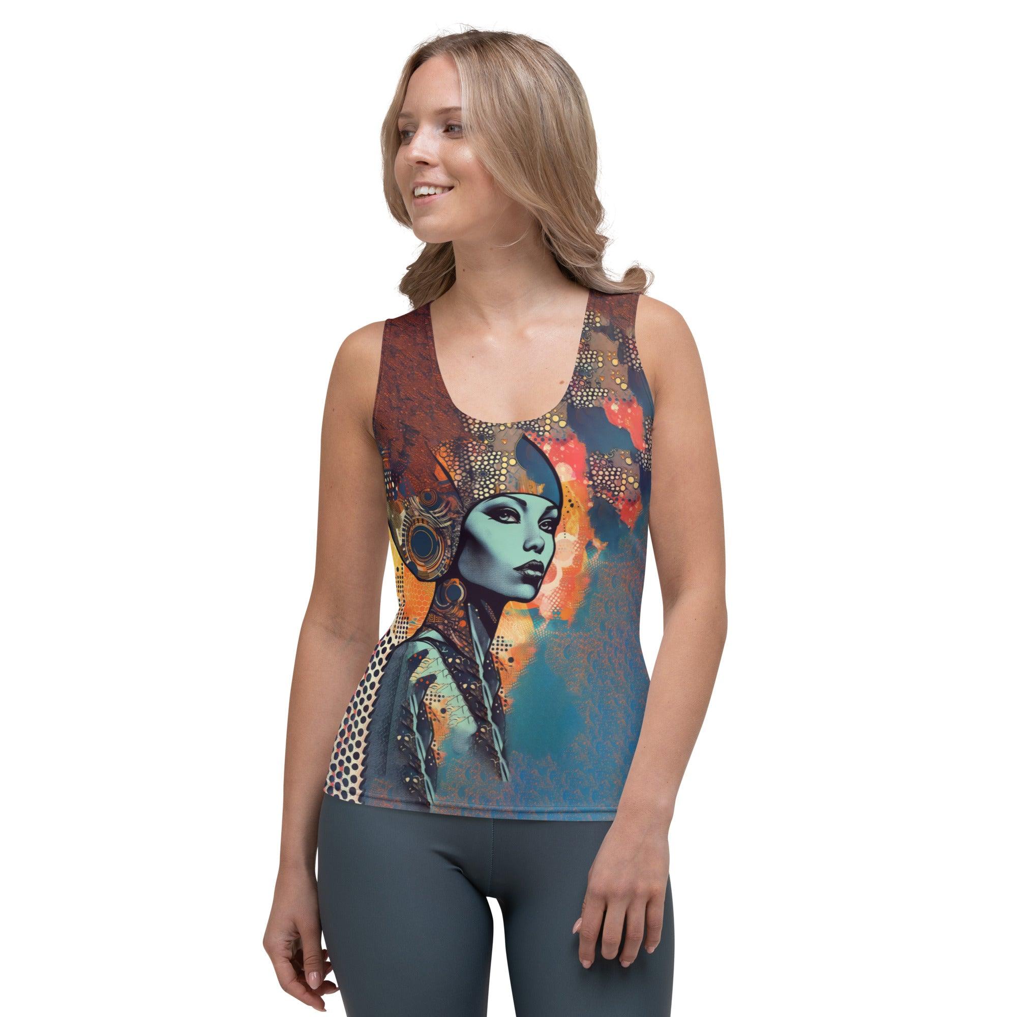 Sketching Serenity Sublimation Tank Top front view on model.