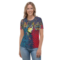 Woman wearing Sketching Style T-shirt with abstract design.