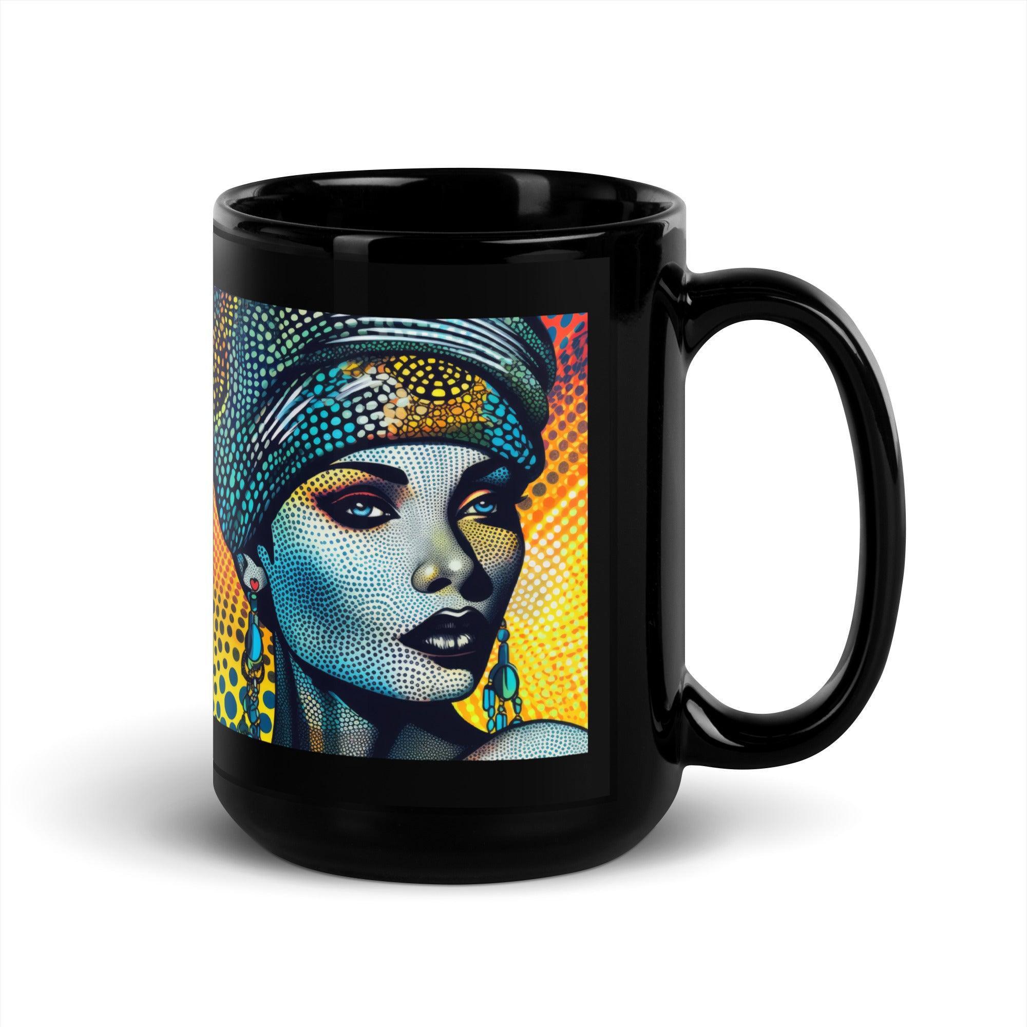 Unique black mug with sketch-inspired graphics