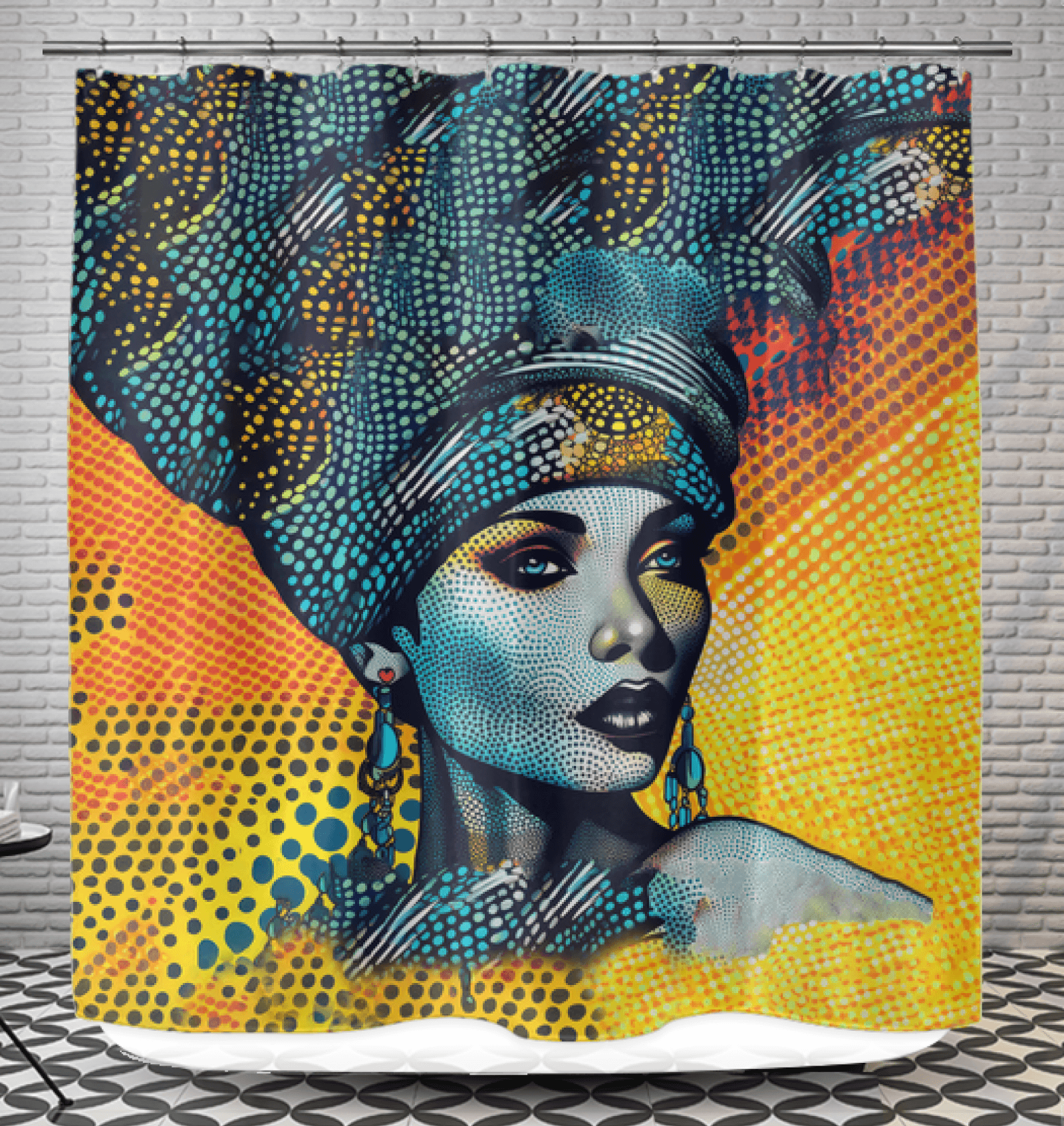 Waterproof shower curtain featuring unique Sketchy Stories design.