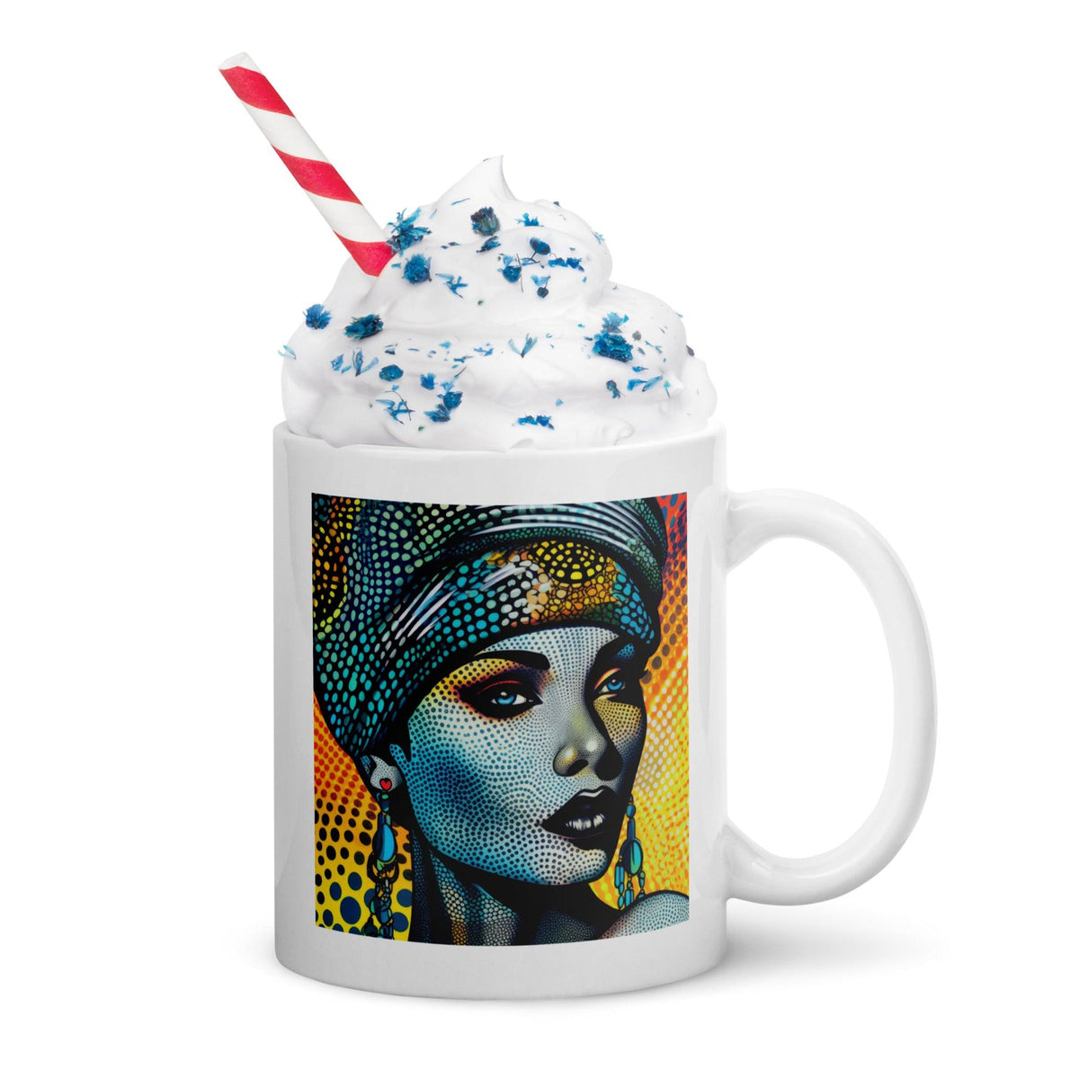 Person holding a white glossy mug with sketchy art designs.