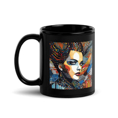 Artistic black coffee mug with unique line art.