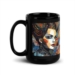 Close-up of black glossy mug with artistic white strokes.