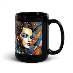 Stylish black mug with hand-drawn sketch designs.