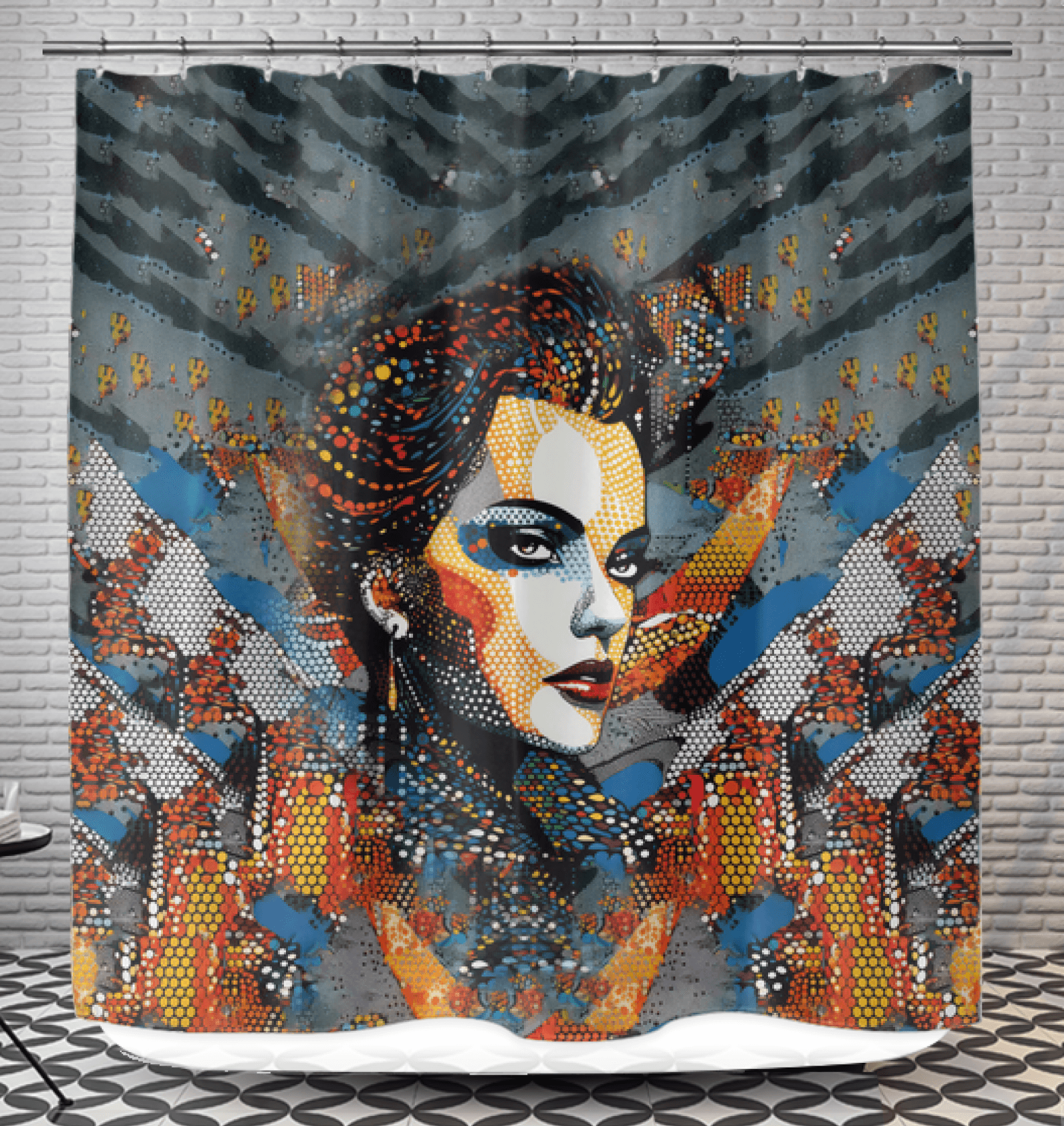 Artistic Sketchy Strokes shower curtain hanging in a bright bathroom.