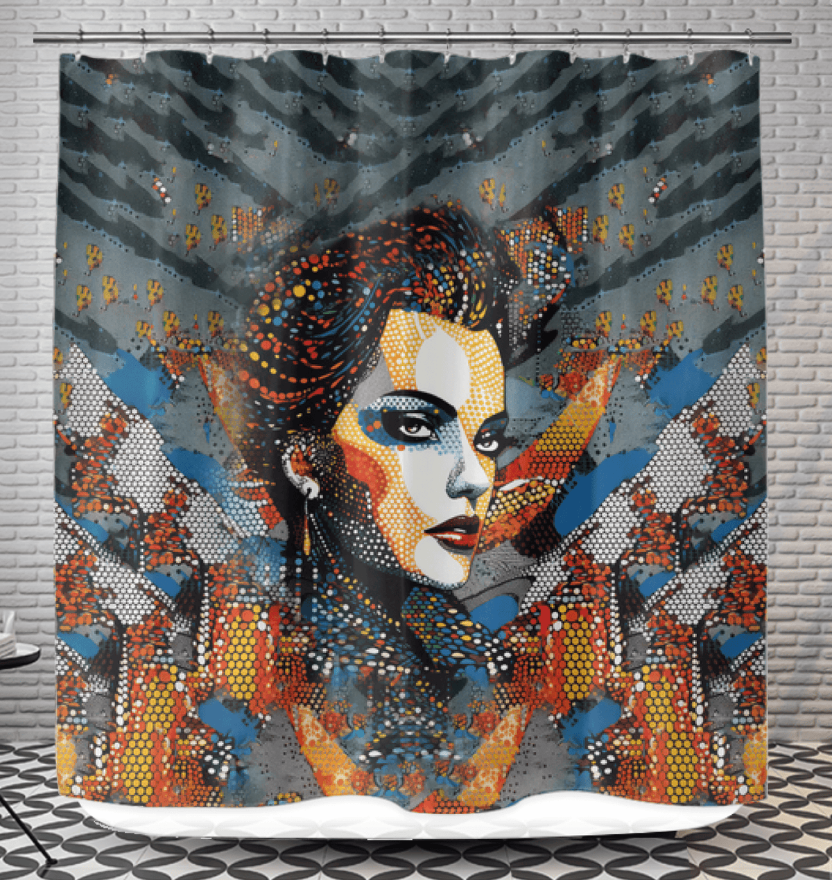 Artistic Sketchy Strokes shower curtain hanging in a bright bathroom.