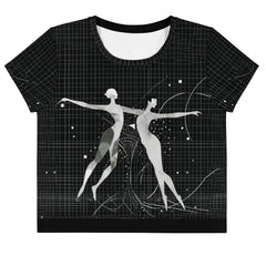 Versatile balletic style crop tee with unique print design.