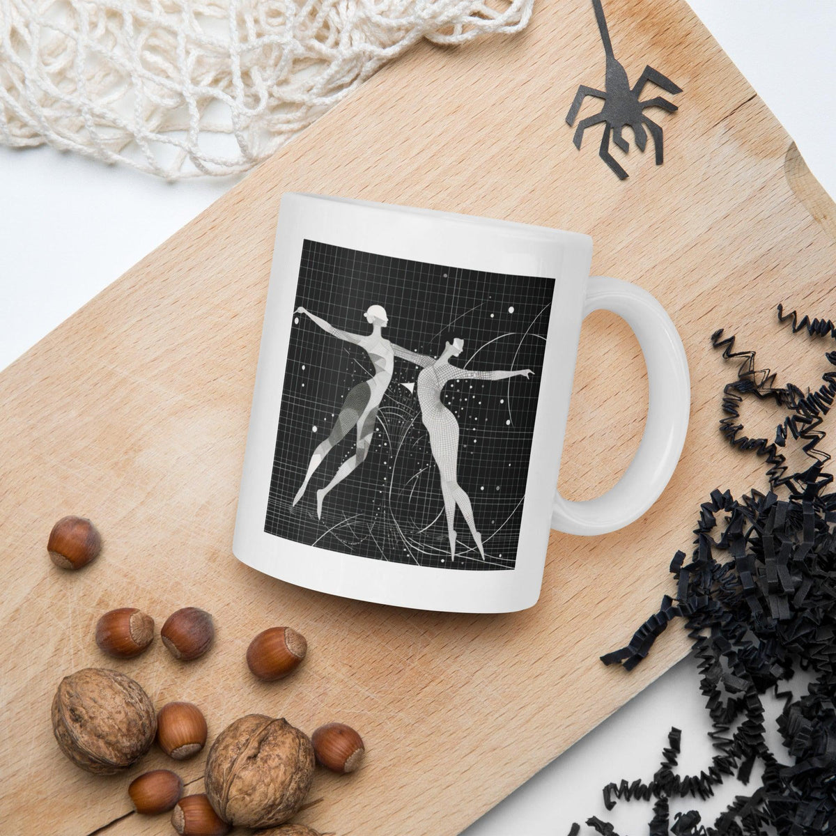 Elegant white glossy mug with balletic style for sophisticated sipping.