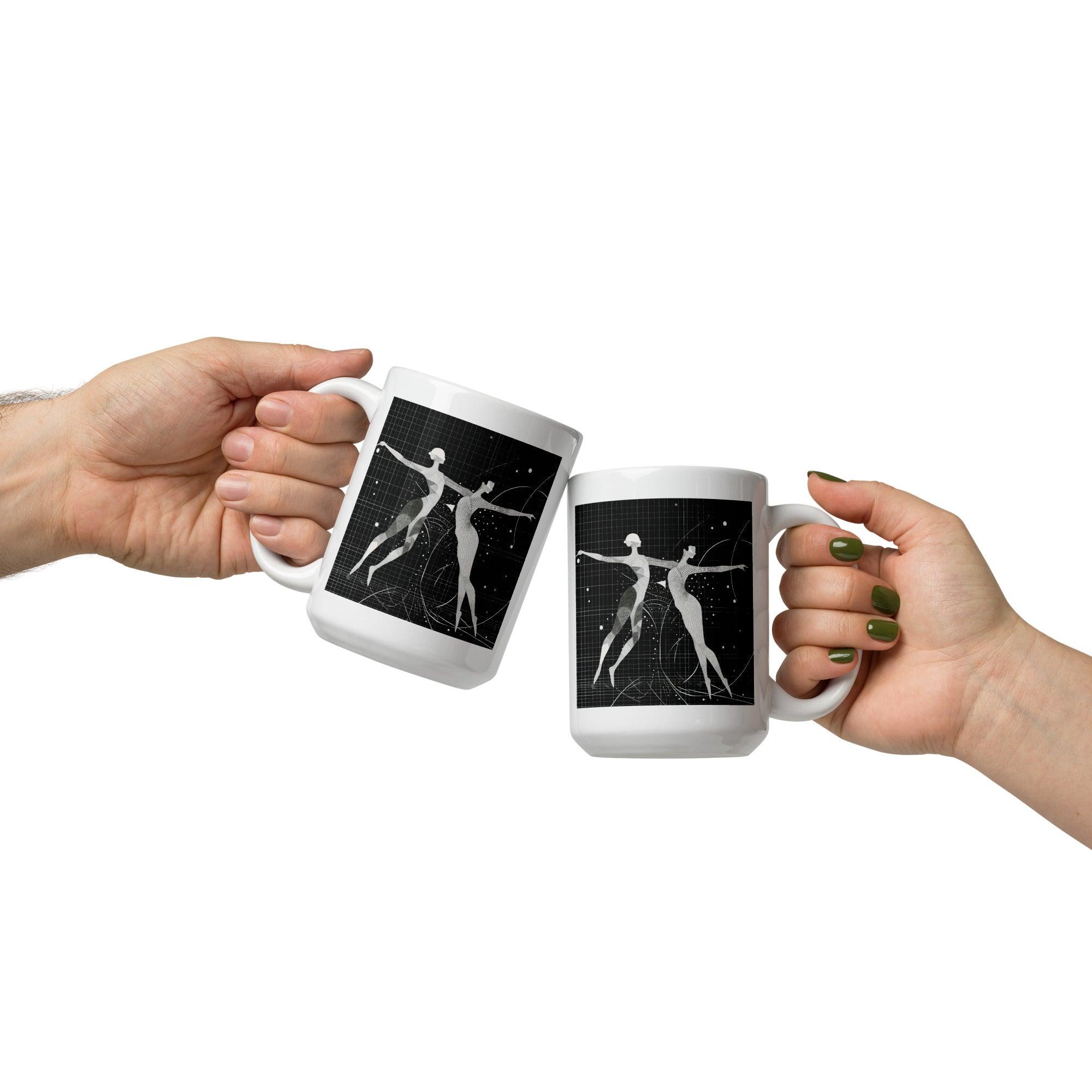 Sophisticated balletic style glossy white mug, perfect for coffee and tea lovers.