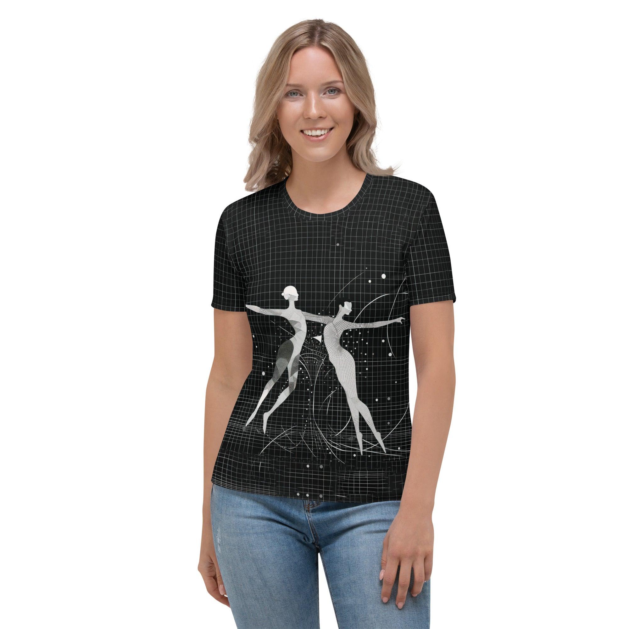 Woman wearing balletic style t-shirt with elegant design details.