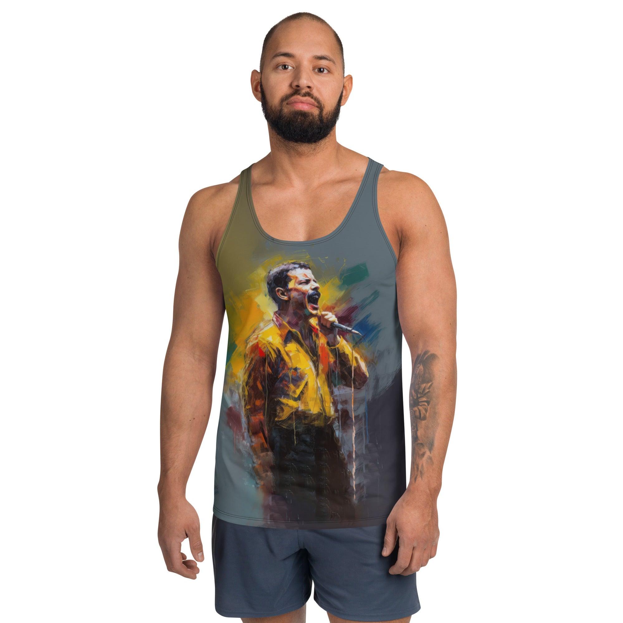 Sound Sanctuary Men's Tank Top on a model showcasing the fit and design.