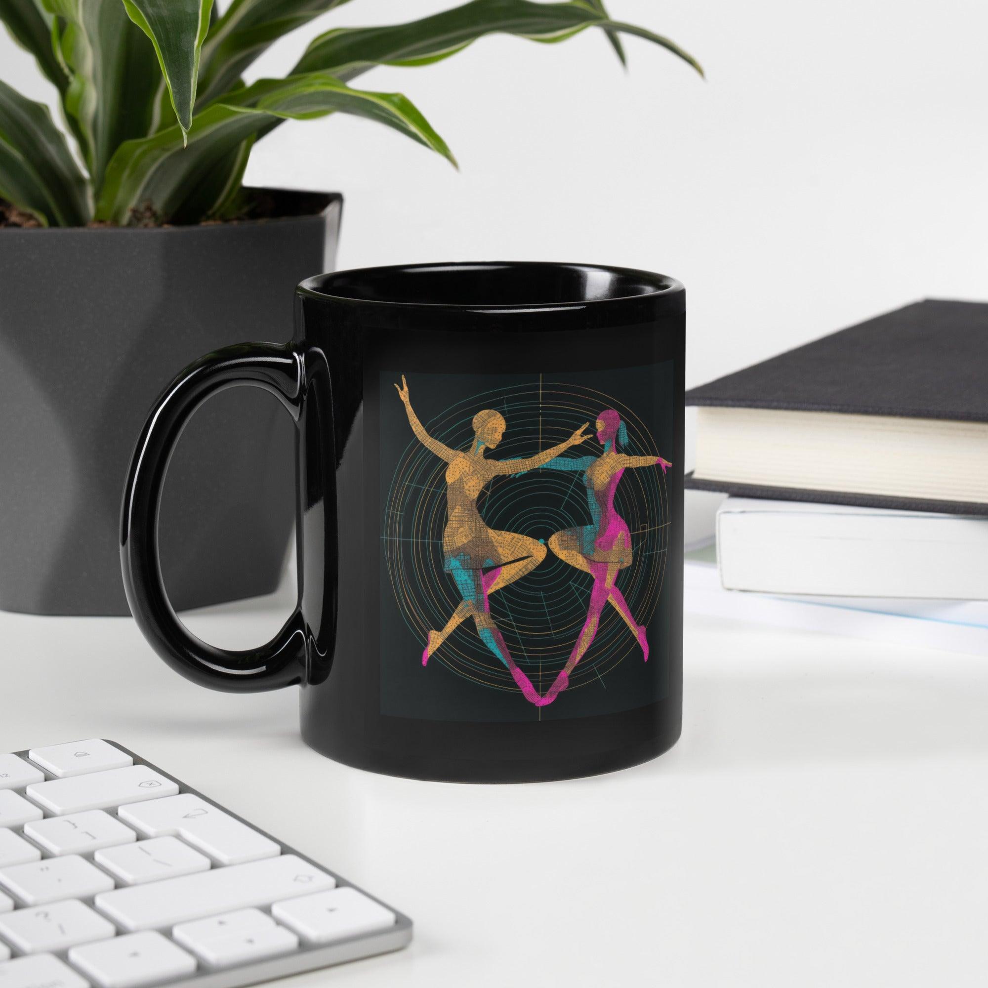 Elegant black mug featuring dance-inspired artwork for a stylish flair.