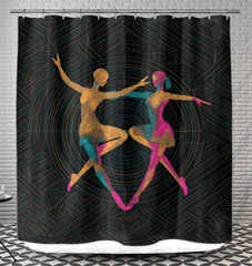 Elegant shower curtain featuring spirited feminine dance design to enhance bathroom decor.