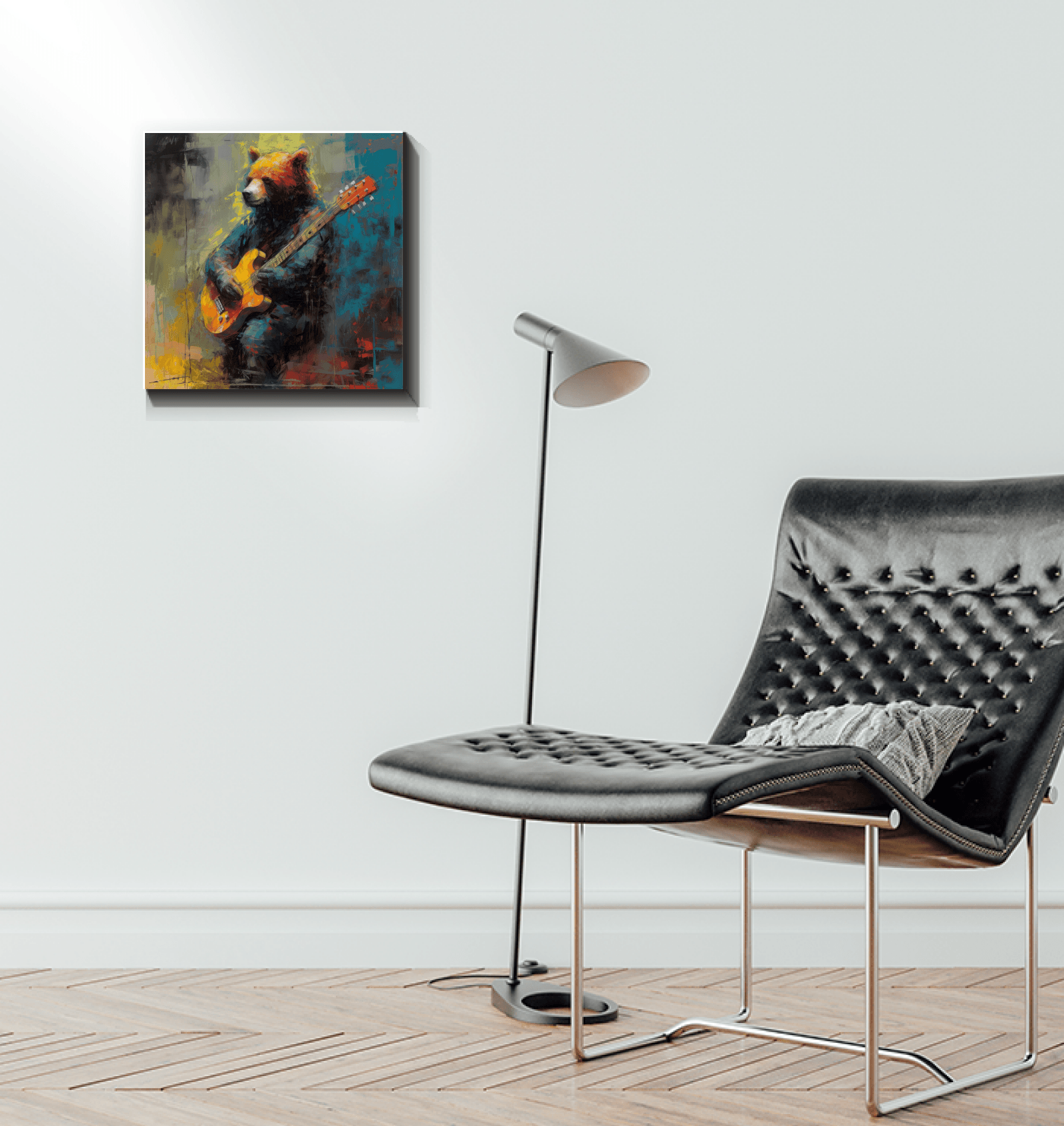 Elegant String Serenade canvas hanging above a fireplace.