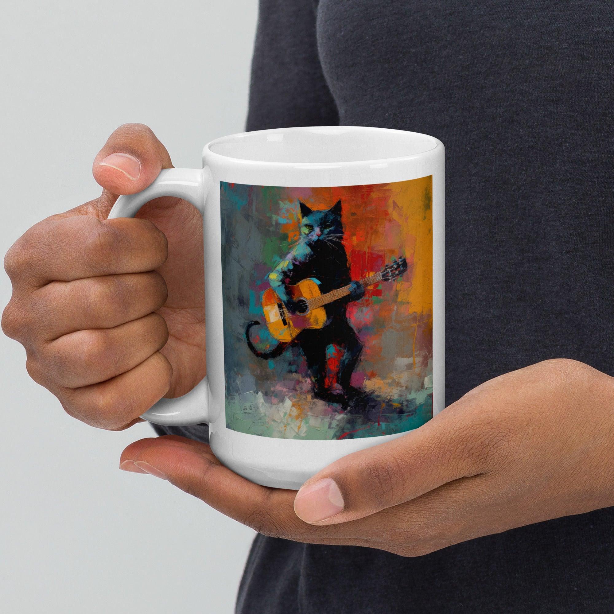 Strumming Sensation glossy mug filled with coffee, ready to inspire