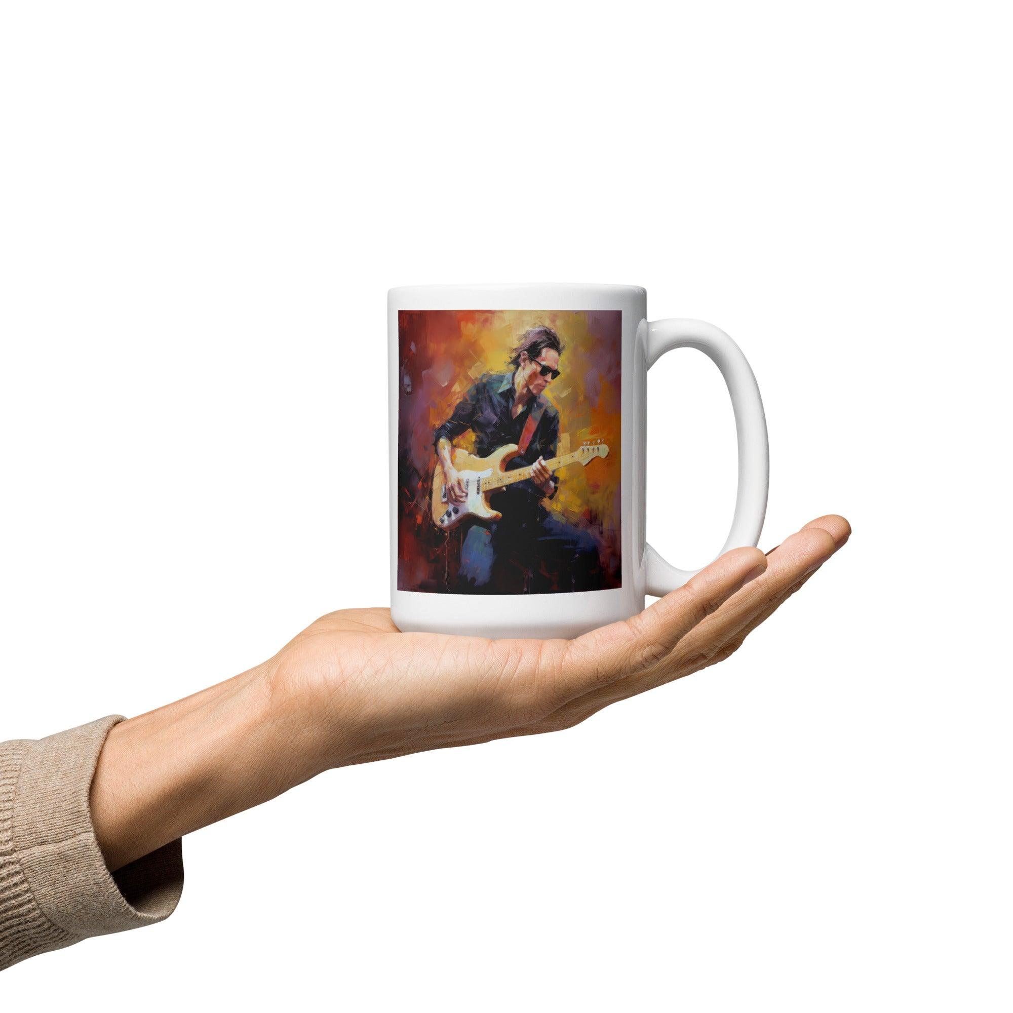 Strumming Showcase white glossy mug on a wooden table