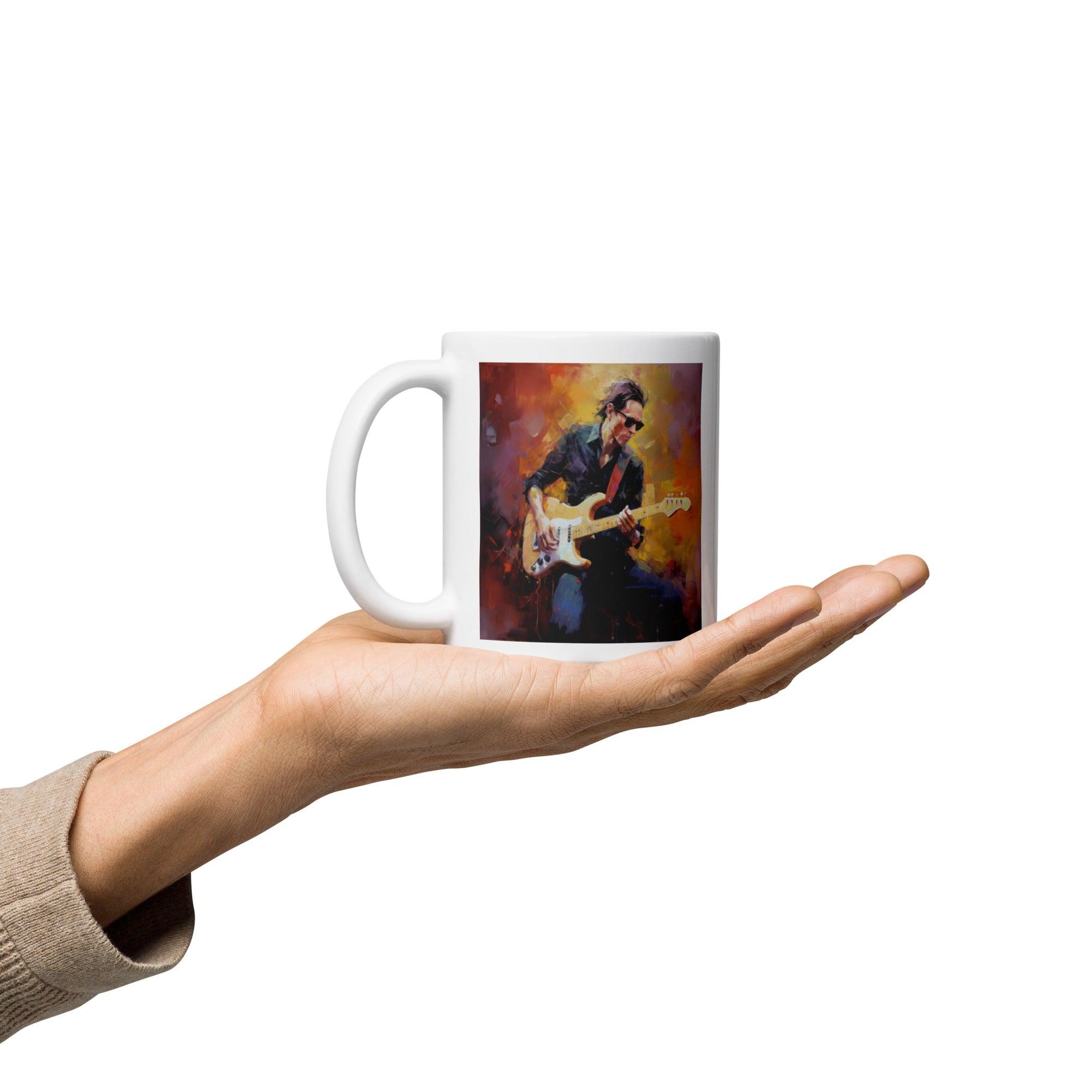 Close-up of Strumming Showcase white glossy coffee mug.